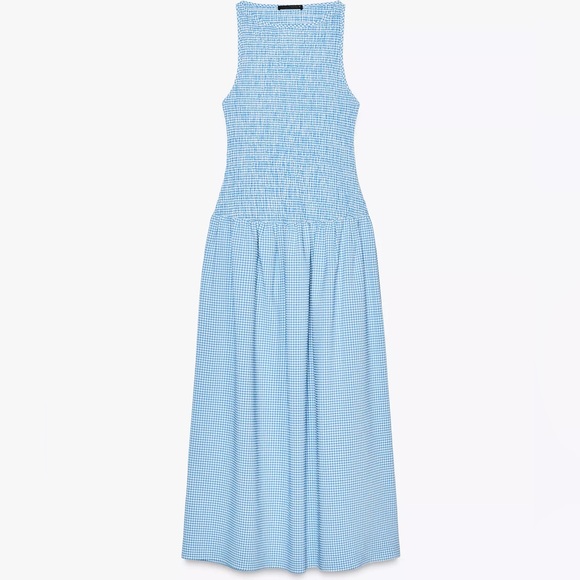 Zara Gingham Sleeveless Drop Waist Midi Dress| Blue & White | Size Medium - Picture 5 of 10